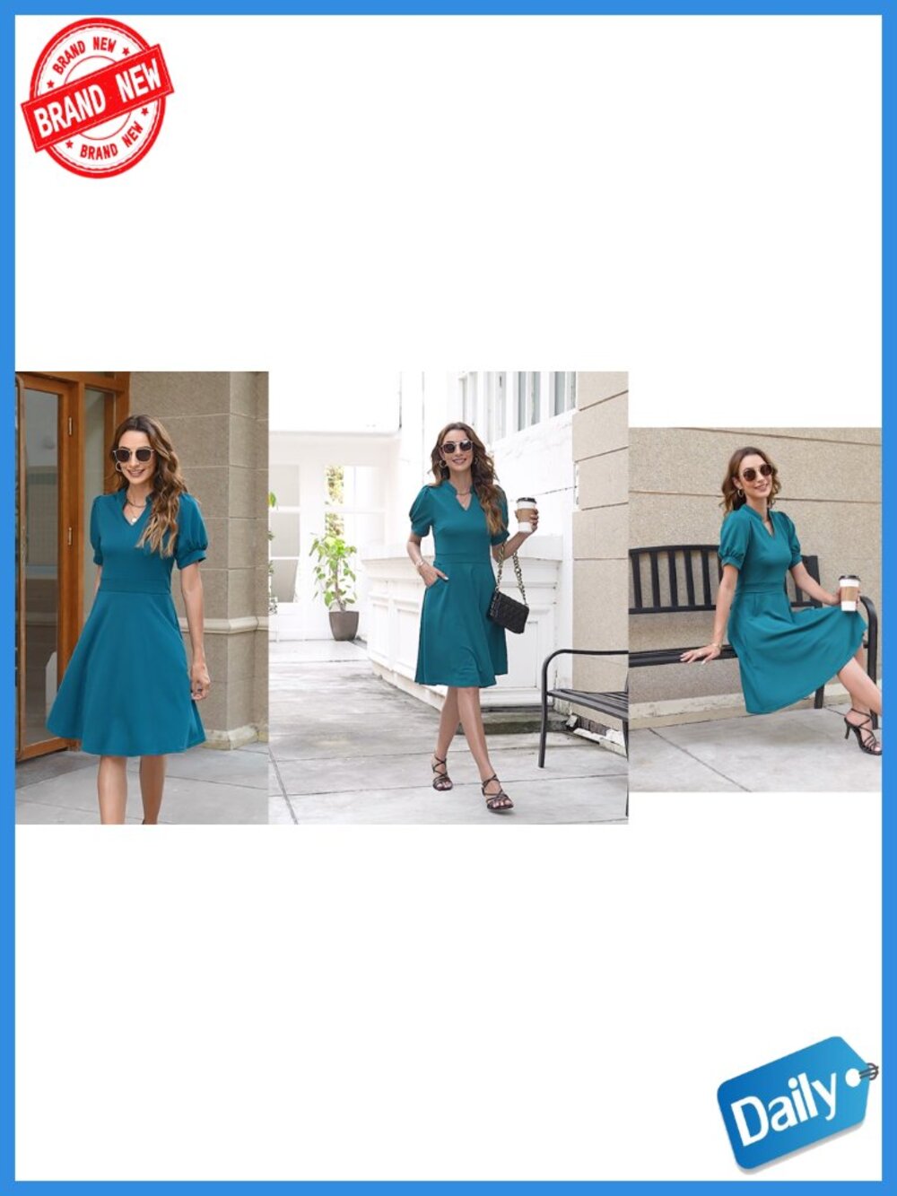 V-Neck Puff Sleeve Fit and Flare Dress with Pockets - Picture 2 of 2